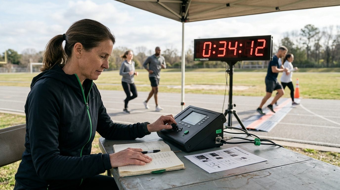 Coach operating a trackside race timer as runners approach a visible finish clock