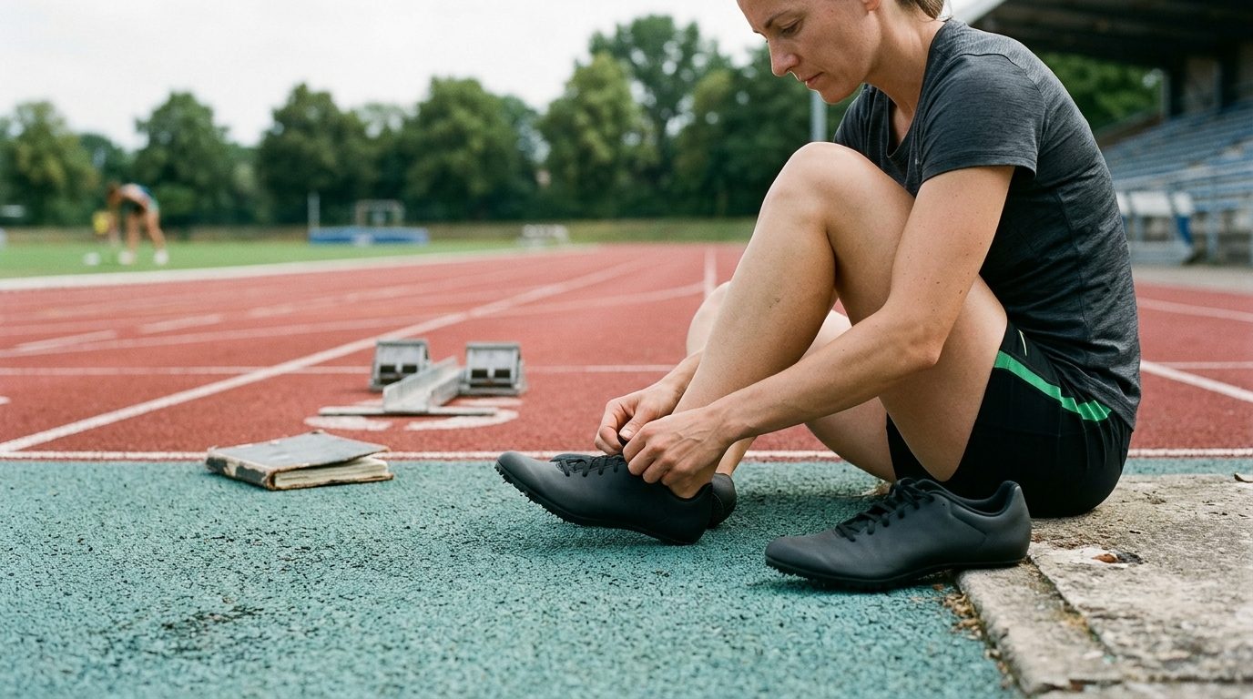 Sprinter checking the fit and laces of unbranded track spikes beside a running track